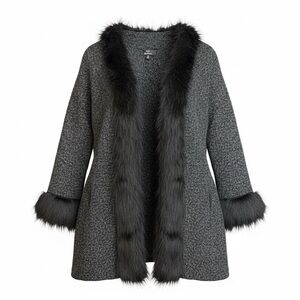 Dennis Basso Black Wool Blend Open Front Cardigan with Faux Fur Trim sz S
